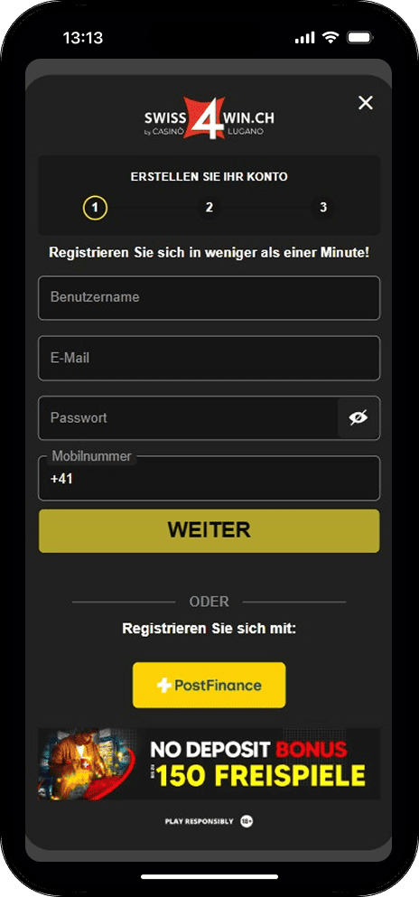 Anmeldung beim swiss4win Casino